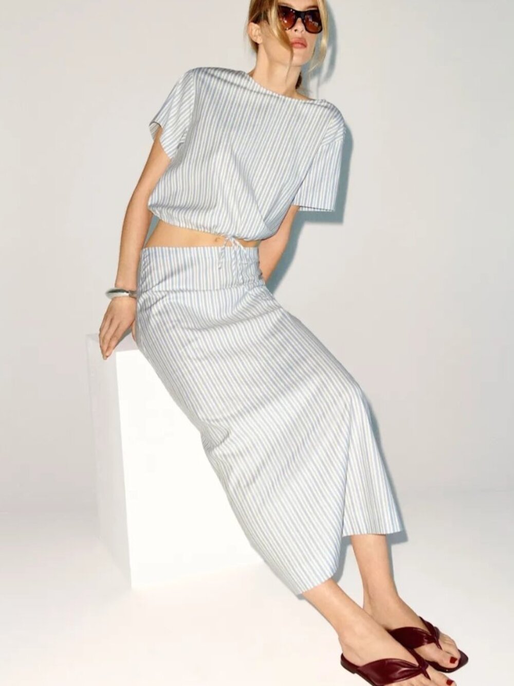 NEW Reformation Jordan Two Piece Skirt Set Cotton Calamari Stripe | US 2 UK 6